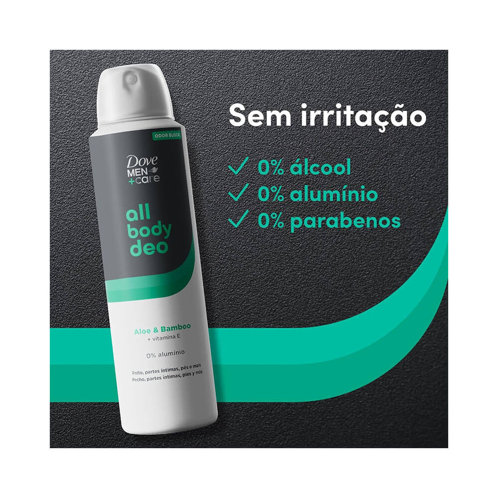 Desodorante Aerosol Dove Men +Care All Body Deo Aloe e Bamboo 150ml inclinado em fundo preto com texto de benefícios